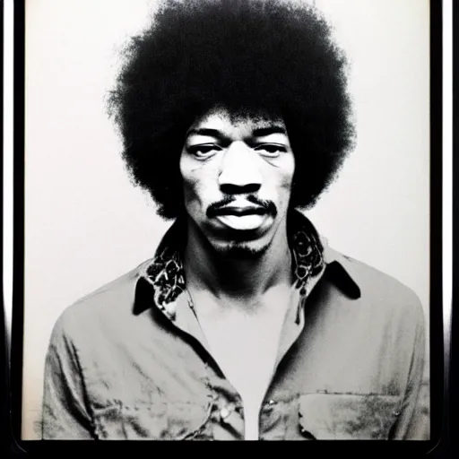 Image similar to Mugshot Portrait of Jimi Hendrix, taken in the 1970s, photo taken on a 1970s polaroid camera, grainy, real life, hyperrealistic, ultra realistic, realistic, highly detailed, epic, HD quality, 8k resolution, body and headshot, film still, front facing, front view, headshot and bodyshot, detailed face, very detailed face