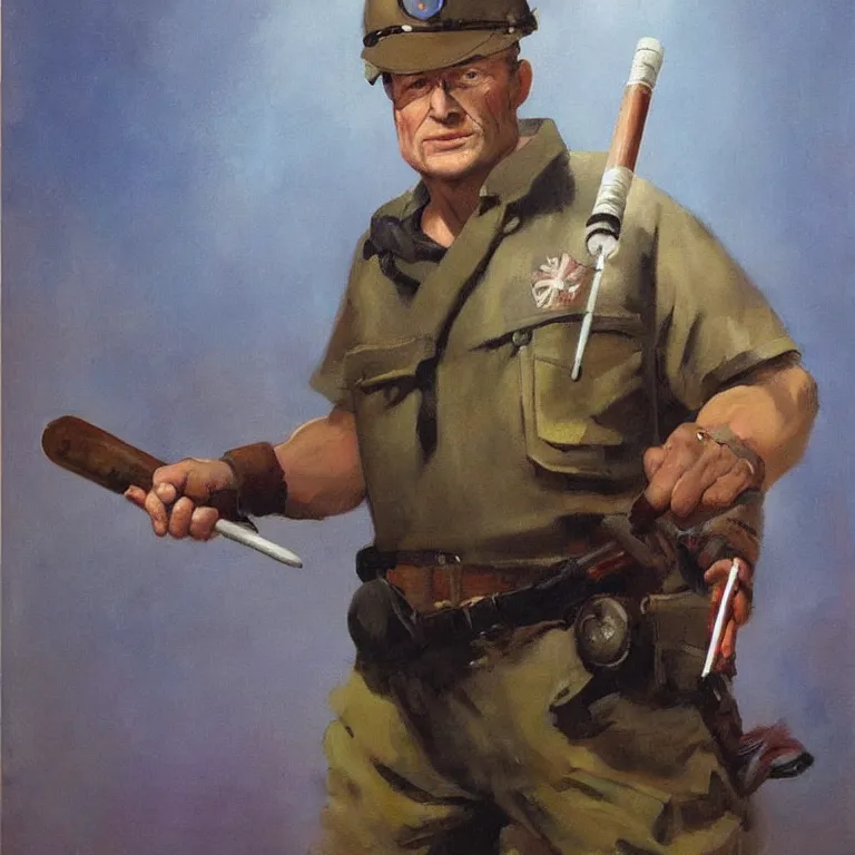 Prompt: a beautiful portrait painting in the style of frank frazetta of a half - life 2 civil protection officer holding a stun baton, blue backlight