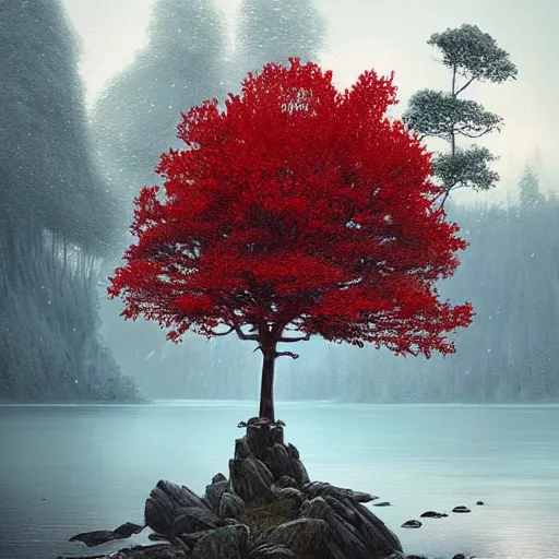 Image similar to A single red tree on a small island in a mountain lake, surrounded by a snow/covered forest, fantasy art by Greg Rutkowski