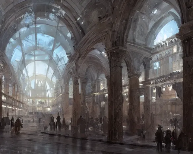 Image similar to a mall in the style of medieval roman constantinople, art by greg rutkowski and artgerma, stunning concept art, interior design architecture