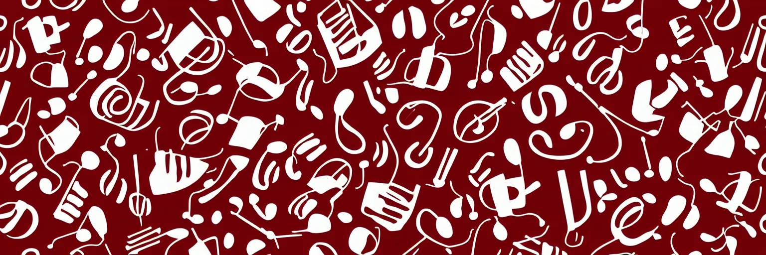 Image similar to seamless pattern design, coffee and musical instrument, vector, simple, red and white,