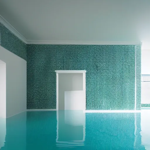 Prompt: room made of white ceramic tiles, rounded room, curved hallways, liminal space, surreal, flooded with blue green water,