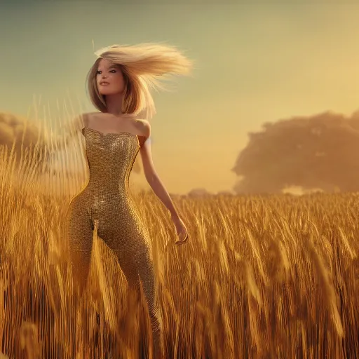 Image similar to epic professional fashion photoshoot in the wheat field, futuristic digital clothing, natural lighting, unreal engine render, 8 k, detailed, intricate, detailed, best on artstation, cgsociety, epic, stunning, gorgeous, much wow, cinematic, masterpiece.