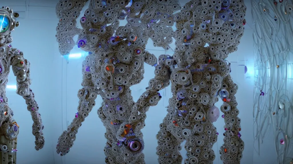 Image similar to a cybernetic symbiosis of a single astronaut mech-organic eva suit made of pearlescent wearing knitted shiny ceramic multi colored yarn thread infected with diamond 3d fractal lace iridescent bubble 3d skin dotted covered with orb stalks of insectoid compound eye camera lenses floats through the living room, film still from the movie directed by Denis Villeneuve with art direction by Salvador Dalí, wide lens,kevlar,carbon fiber,ceramics,gaseous materials,