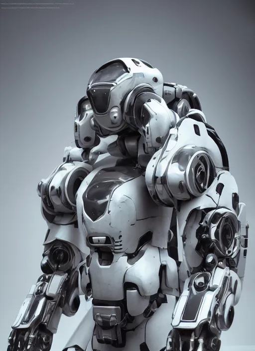 Image similar to a Photorealistic dramatic hyperrealistic render of a futuristic exosuit warrior Mech,Ultra realistic details,glossy white metal by Vitaly Bulgarov and Mike Nash,Beautiful dramatic dark moody tones and lighting,cinematic atmosphere,studio lighting,shadows,dark background, Octane render,8K