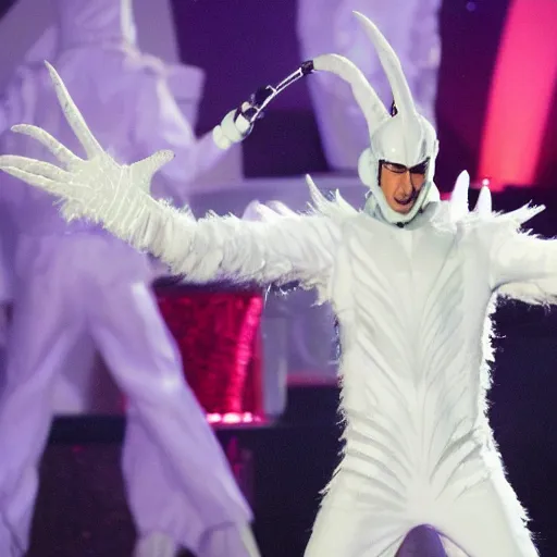 Prompt: vitas wearing white alien costume, holding an intricate futuristic wand, new years eve, 7 th element