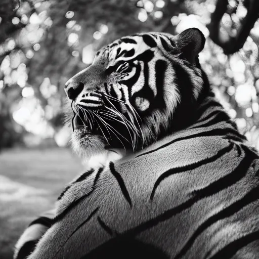 Prompt: woman from rising silent posing with a tiger in a garden, 1 9 2 0 s photography, trending on unsplash, black and white photography, intricately defined, complexly detailed, 4 k photorealism, golden ratio!!!!!, centered!!!!!