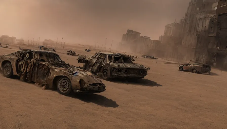 Prompt: destroyed brussels in mad max, race in the streets, sandstorm, lightning, hyperdetailed, artstation, cgsociety, 8 k