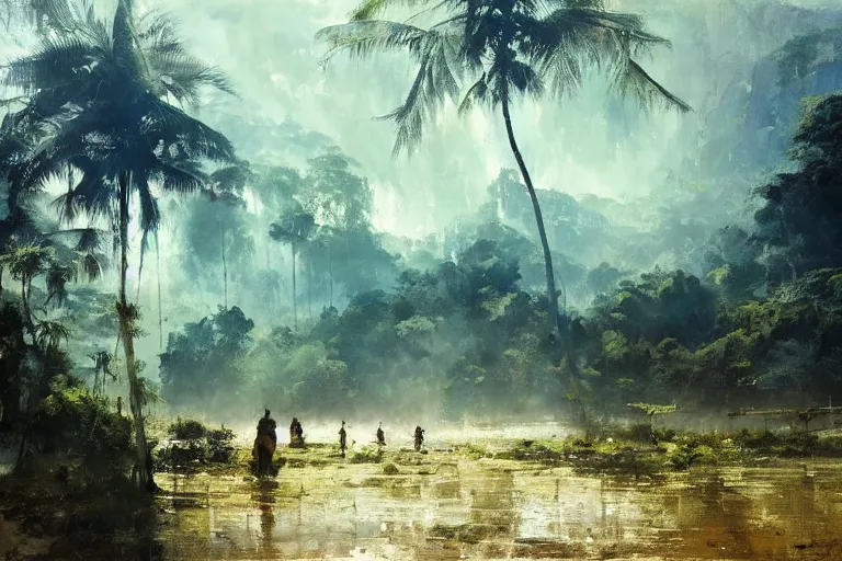 Image similar to painting of thailand landscape, by jeremy mann and greg rutkowski, dramatic, cinematic light, oil on canvas