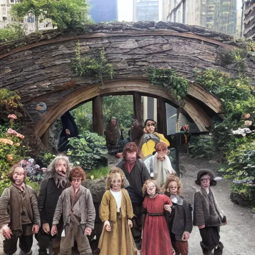 Prompt: photo of Hobbits on a city