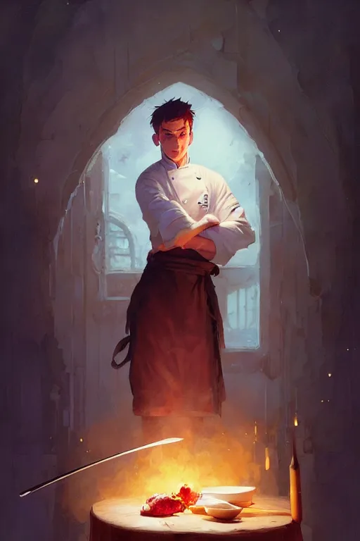 Image similar to a male french chef, the greatest most talented chef in the world. decorated with culinary magic, fantasy art by greg rutkowski, loish, rhads, ferdinand knab, makoto shinkai and lois van baarle, ilya kuvshinov, rossdraws, tom bagshaw, sharp focus, smooth, symmetry