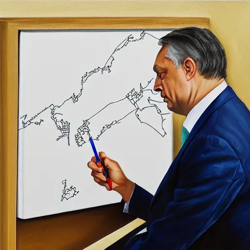 Image similar to viktor orban drawing a map in a cubicle, oil painting