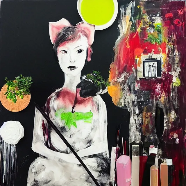 Image similar to “ a portrait in a female art student ’ s apartment, sensual, a pig theme, art supplies, paint tubes, ikebana, herbs, a candle dripping white wax, black walls, squashed berries, berry juice drips, acrylic and spray paint and oilstick on canvas, surrealism, neoexpressionism ”