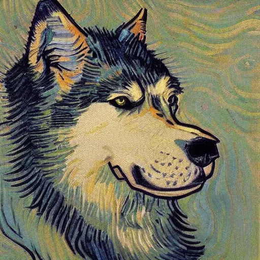 Image similar to retarded wolf portrait, van gogh style