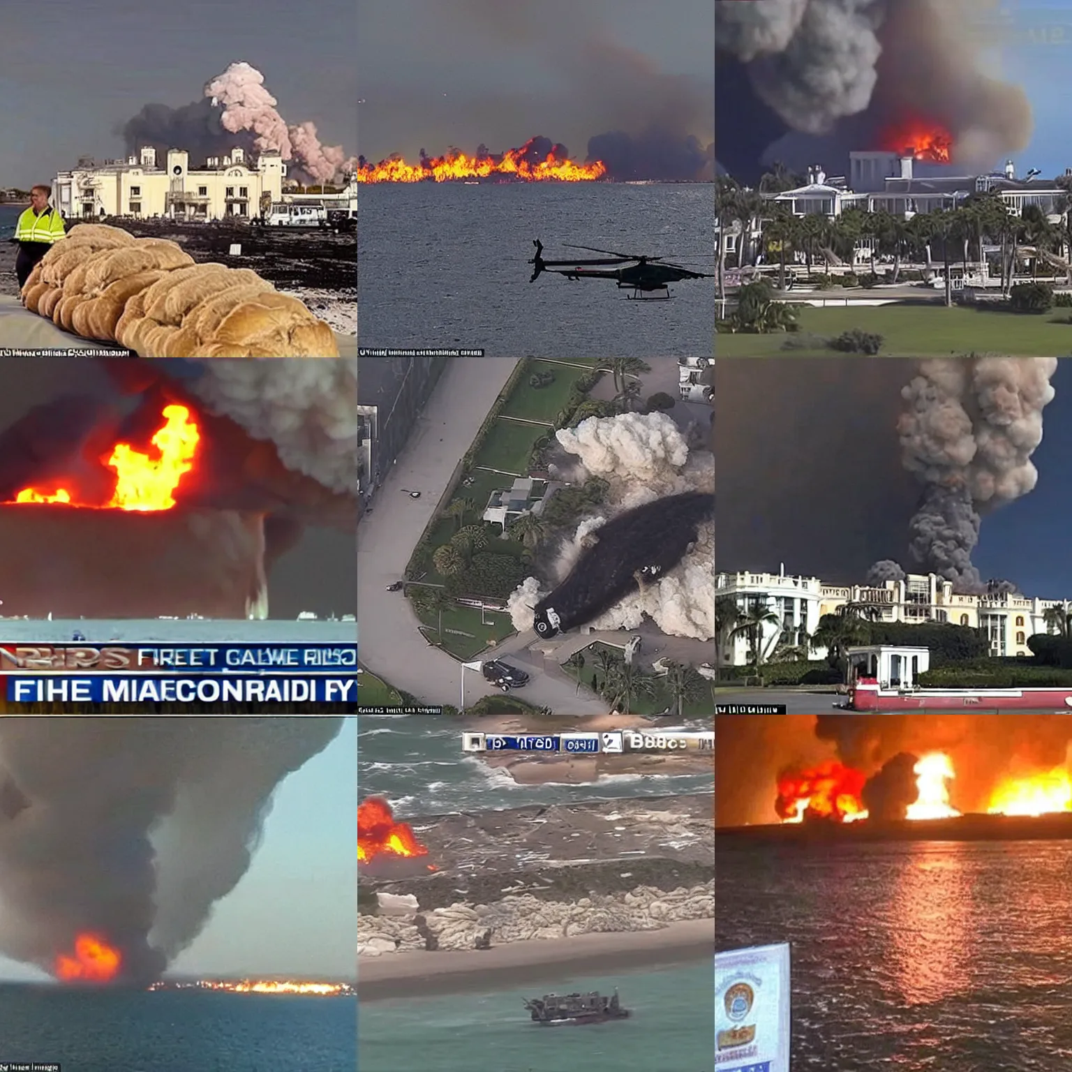 Prompt: fire, nuclear explosions and chaos in the background while a baby seal disguised as a loaf of bread raids mar - a - lago, high quality camera footage from a helicopter