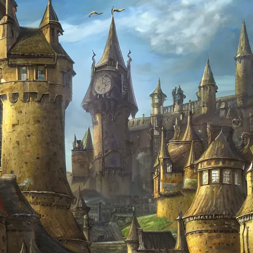 Prompt: elegant fantasy capital city, in the foreground sprawling houses and shops lining the crowded streets. in the background is a large stone castle with several tall spires. view from the ground looking from a street towards the castle. realistic, highly detailed painting concept art style