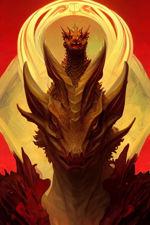 Image similar to full figure antrophomorphic male dragon, frontal view, no wings, luminous scene, by greg rutkowski and alphonse mucha, d & d character, gradient yellow to red, in hell, highly detailed portrait, digital painting, artstation, concept art, smooth, sharp focus illustration, artstation hq