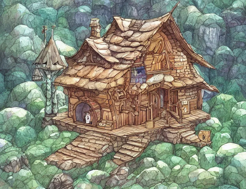 Prompt: cute and funny, a magicians cabin carved into a mountain, centered award winning watercolor pen illustration, isometric illustration by chihiro iwasaki, edited by range murata, tiny details by artgerm and watercolor girl, sharply focused