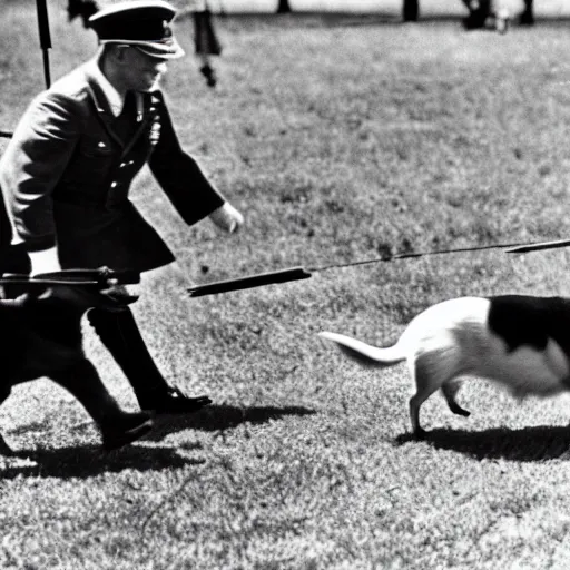 Image similar to historical photo of queen elizabeth and her corgis defeating hitler in battle, natural sunlight, sharp focus, highly detailed, depth of field