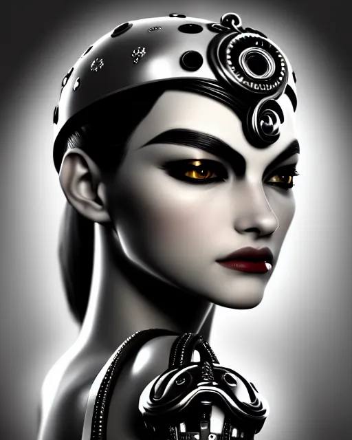 Prompt: black and white side portrait ultra detailed, beautiful female android with steampunk mechanical skin, crown, deity, sharp focus, highly detailed global illumination, concept art. 8 k