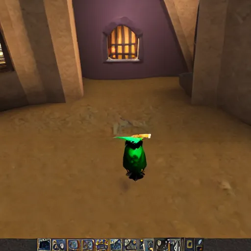 Prompt: menacing bird with wizard hat travels around in runescape