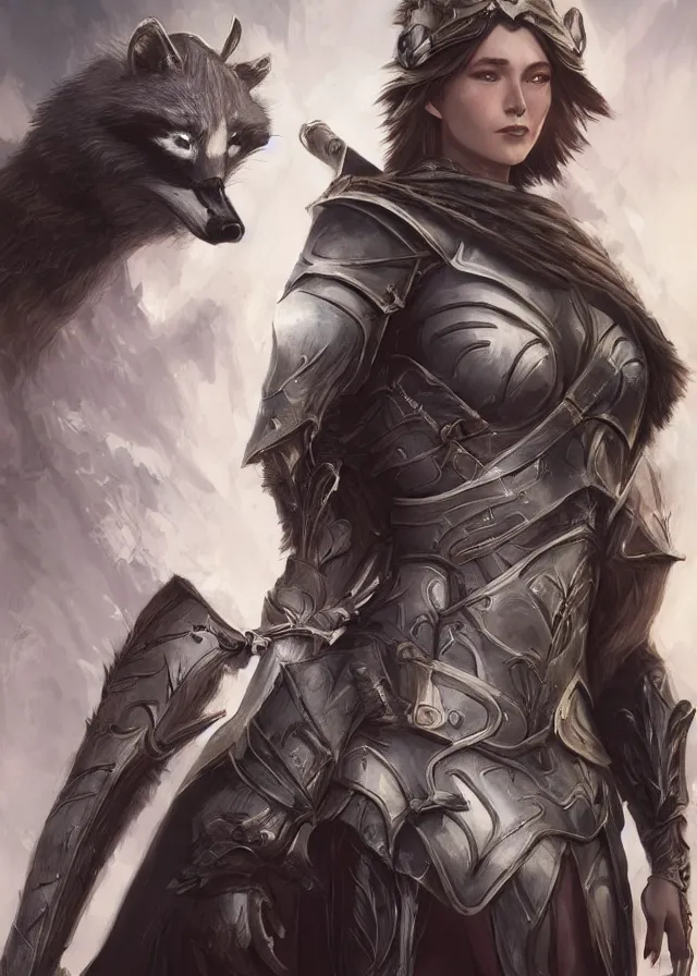 Image similar to a beautiful hyper realistic detailed epic concept art showing a noble knight women and her spirit raccoon above her, by artgerm, charlie bowater, in the style of dragon age, featured on artstation