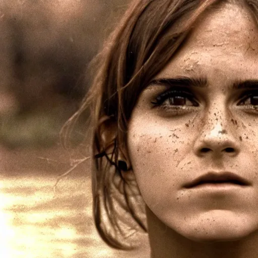 Image similar to film still, close up, emma watson rising out of muddy vietnam river, face covered in mud, low camera angle at water level, night time, film still from apocalypse now ( 1 9 7 9 ), 2 6 mm