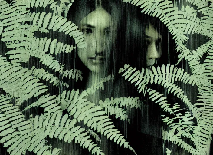 Image similar to a female model with long black hair, emerging from a dense misty forest of fern leaves wearing camouflage by yohji yamamoto, in the style of daido moriyama, double exposure