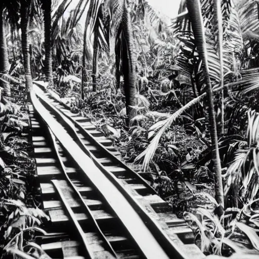 Image similar to a rizom lost film footage of a tube in the middle of the tropical jungle / tropicalism / tropicalism / tropicalism / film still / cinematic / enhanced / 1 9 2 0 s / black and white / grain