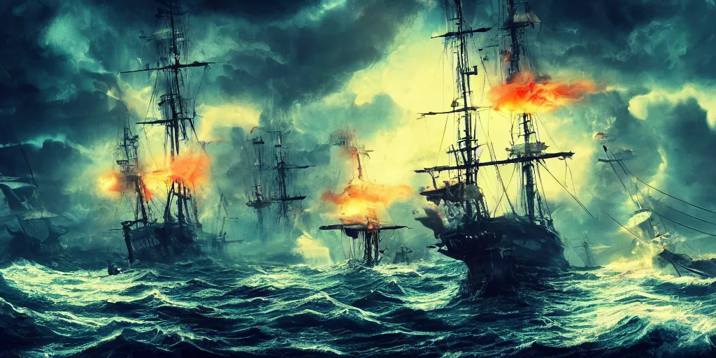 Prompt: pirate ships at war at night, giant squid attacking the ships, people drowning, dramatic swirling clouds, storm, smoke, fire, chaos, photo realistic, 8k, artstation, Blade runner, neon signs in the distance, dark, cinematic, high contrast, epic