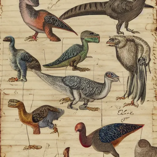 Prompt: vintage parchment with a sketch of a group of feathered dinosaurs with full descriptions, 8K, HD, highly detailed, high quality