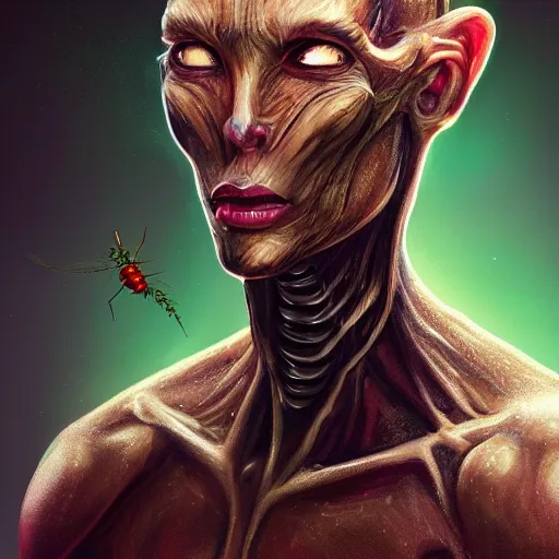 Image similar to a humanoid mutant with insect-like features, sci fi creature design, portrait, painting, concept art, 4k, compelling sci fi portrait