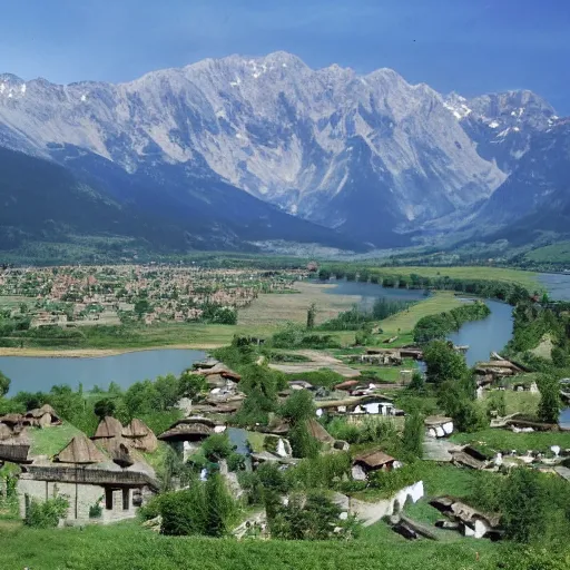 Image similar to a photo of a 1500 village close to a lake