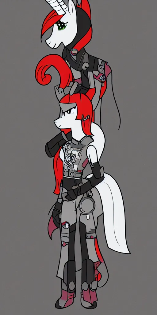 Image similar to Fallout Equestria Project Horizons | Blackjack Character Fanart | White MLP Unicorn Mare with red and black shaggy hair, and bright, robotic eyes. | Cutie Mark is: Ace and Queen of Spades | Trending on ArtStation, Digital Art, MLP Fanart, Fallout Fanart | Blackjack sitting and looking depressed at the viewer