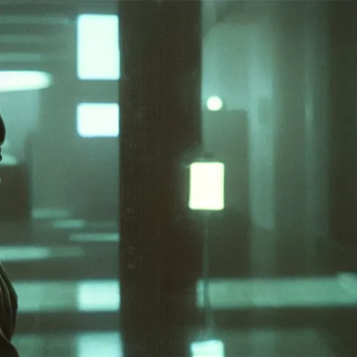 Image similar to cinematic portrait of a runaway replicant in an empty room, still from the movie bladerunner