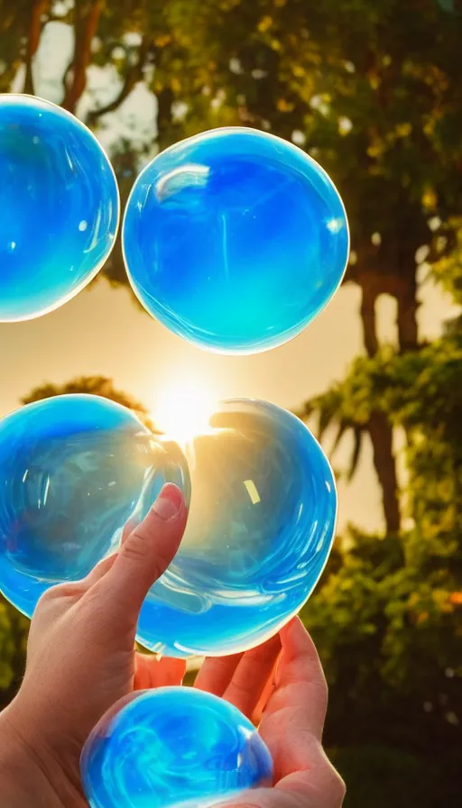Image similar to photograph of two hands holding a 2ft slightly curved soft background blue blue oblong bubble filled with glowing AR hologram paragraphs in iMessage bubble formed between the arc between the thumb and index finger, AR sentences streaming from your mouth to your hands, chatting at Dolores Park sunset dappled golden hour light