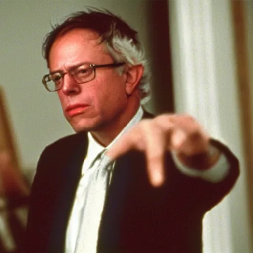 Prompt: Bernie Sanders wearing money in American Psycho (1999)