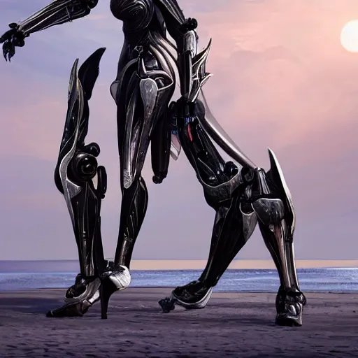 Image similar to looking up at a highly detailed 300 foot tall giant exquisite beautiful female warframe, as an anthropomorphic robot dragon, posing elegantly over your tiny form, camera on the ground, at the beach on a sunset, sleek streamlined design, streamlined matte black armor, sharp detailed claws, detailed sharp robot dragon feet, giantess shot, upward shot, ground view shot, front shot, cinematic shot, high quality warframe fanart, captura, realistic, professional digital art, high end digital art, furry art, giantess art, anthro art, DeviantArt, artstation, Furaffinity, 8k HD render, epic lighting