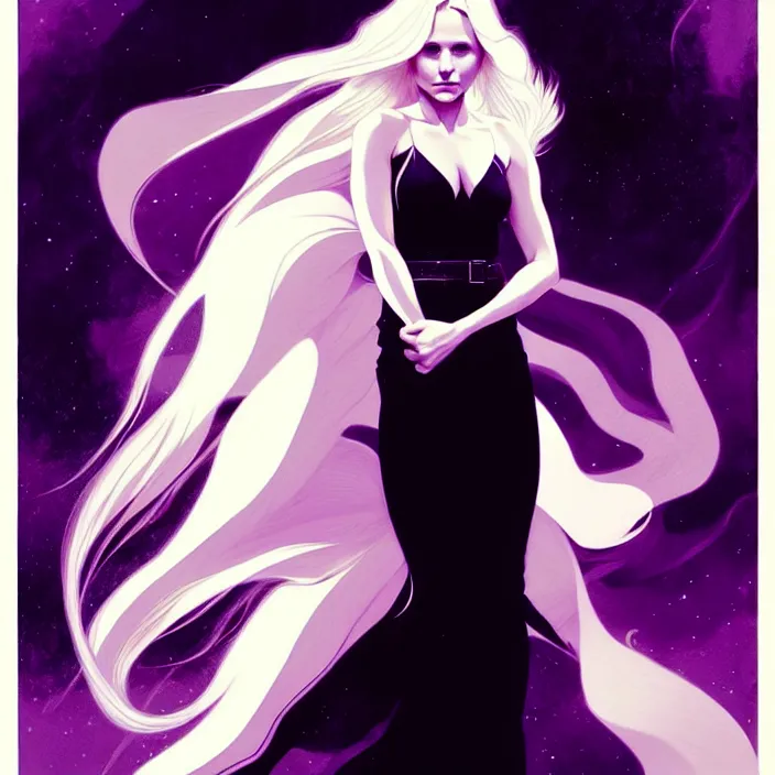 Image similar to style artgerm, joshua middleton, dean cornwell, beautiful kristen bell with black dress, very long white hair, symmetrical face, symmetrical eyes, purple fire powers fire swirling, detailed, forest setting, cinematic lighting