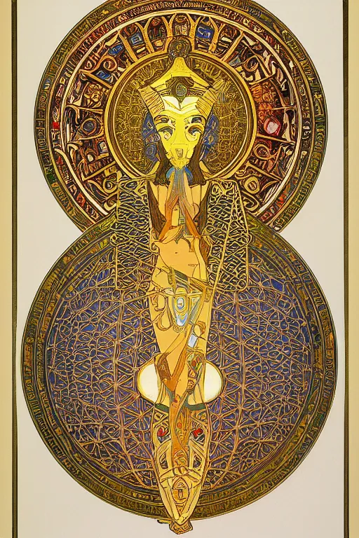 Image similar to thoth, egyptian god, gold jewelry, flower of life, sacred geometry, by Alphonse Mucha, rule of thirds, super detailed, 8k