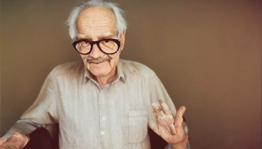 Image similar to 7 0 s movie still of a old man with trypophobia arms, cinestill 8 0 0 t 3 5 mm, heavy grain, high quality, high detail