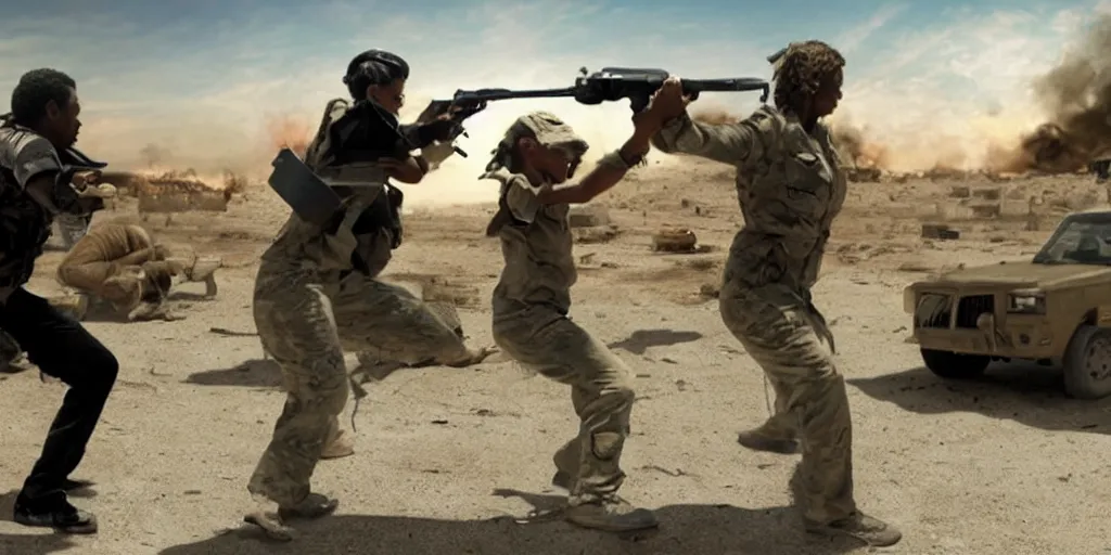 Prompt: movie still of hilary clinton fighting colonel gadafi in libya, wide shot, realistic, octane render