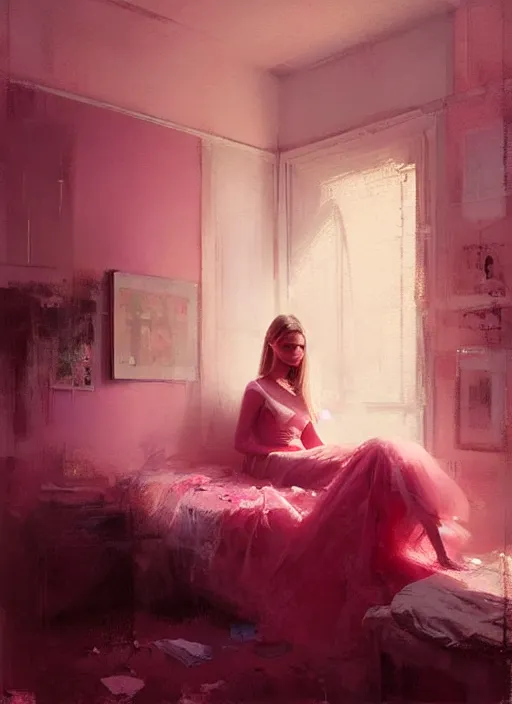 Image similar to portrait of a beautiful girl in her bedroom, shades of pink, beautiful face, rule of thirds, intricate outfit, spotlight, by greg rutkowski, by jeremy mann, digital painting