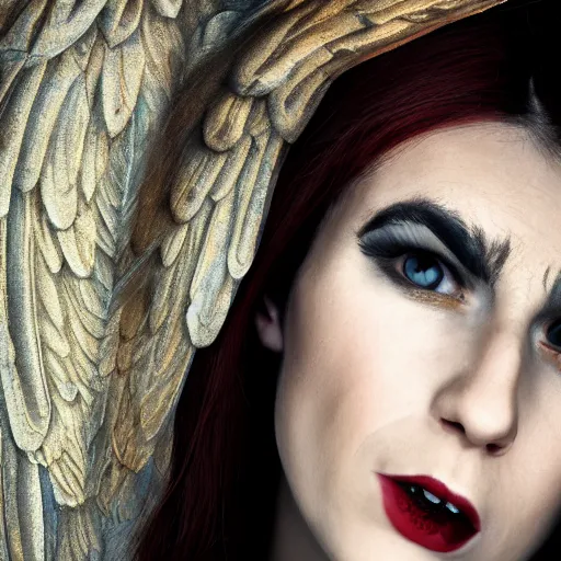 Image similar to detailed portrait woman’s face red hair fangs gargoyle wings