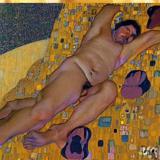 Image similar to a man laying in the sun covered by silk blankets, full body, Gustav Klimt painting