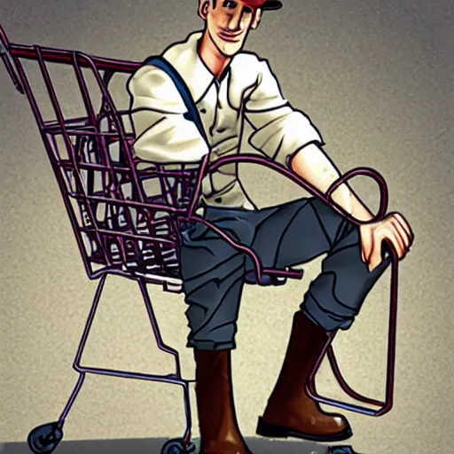 Prompt: nick valentine is sitting in a shopping cart