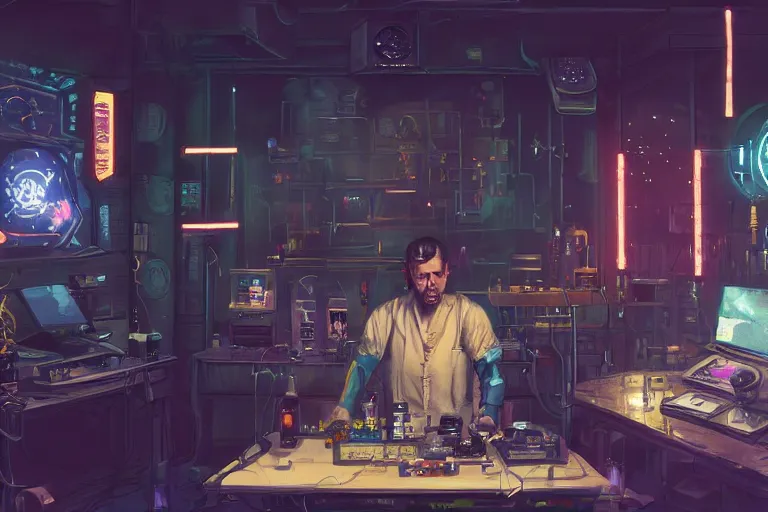 Prompt: cinematic cyberpunk mage in his lab by Michael Bay