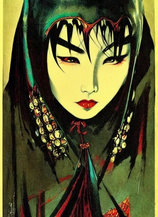 Prompt: portrait of mighty korean vampiress, jeweled veil, strong line, saturated color, beautiful! coherent! by frank frazetta, high contrast, minimalism