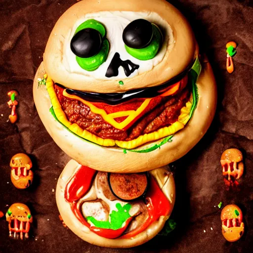 Image similar to a humanoid bipedal upright zombie that strongly resembles a hamburger, professional food photography