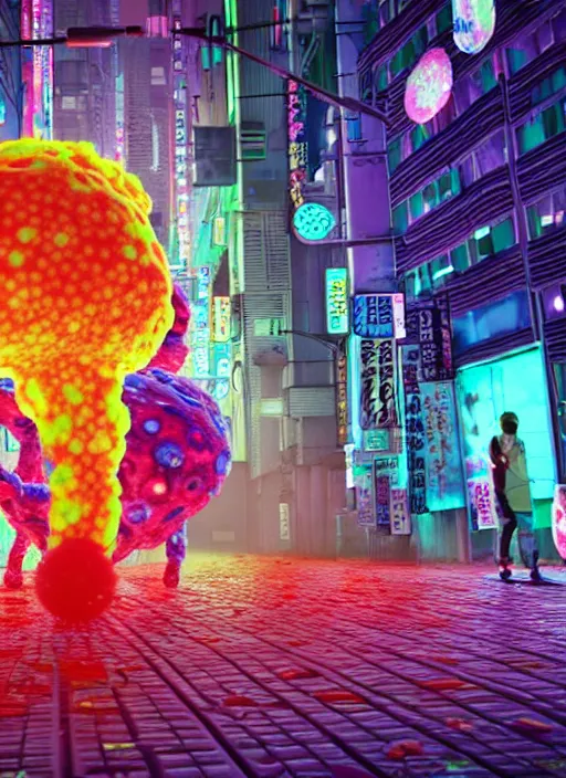 Image similar to giant colorful bright microbe and virus and dna and bacteriophage eat people in streets, neo - tokyo, realistic, 8 k, ultra detailed